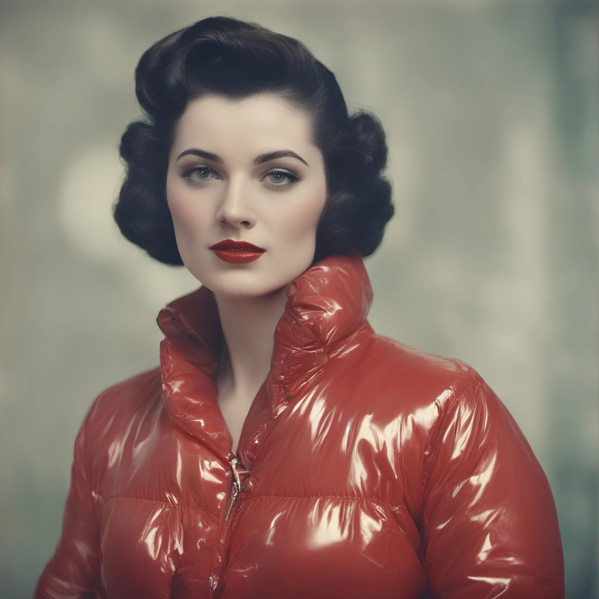 1950s pin up, red, autochrome, plastic puffy jacket