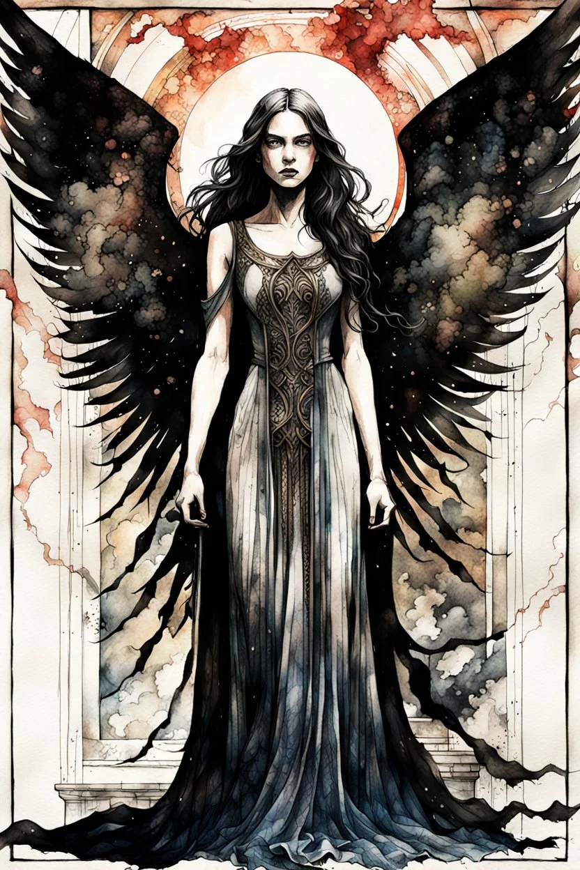 create a deeply evocative, and darkly magical full body ink wash and watercolor illustration of an epic fantasy raven crone with highly detailed and deeply cut facial features, large outstretched wings, body covered in feathers, in the style of EDWARD BURNE-JONES, WILLIAM MORRIS, and KATHE KOLLWITZ combined with the comic art style of BILL SIENKIEWICZ and JEAN GIRAUD MOEBIUS, searing lines and forceful strokes, precisely drawn, inked, and richly colored