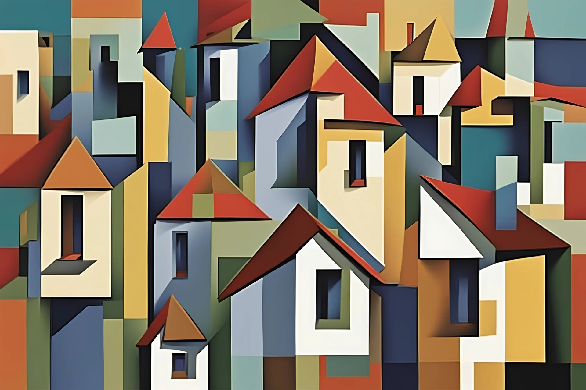 Generate a vibrant cubist-style urban landscape where houses are fragmented into geometric shapes and angles. Emphasize bold colors and dynamic compositions to capture the essence of Cubism