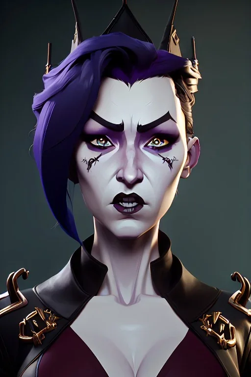 Jennifer Cooldridge as evil queen in black leather, leather, busty, cleavage, angry, stern look. character design by cory loftis, fenghua zhong, ryohei hase, ismail inceoglu and ruan jia. unreal engine 5, artistic lighting, highly detailed, photorealistic, fantasy