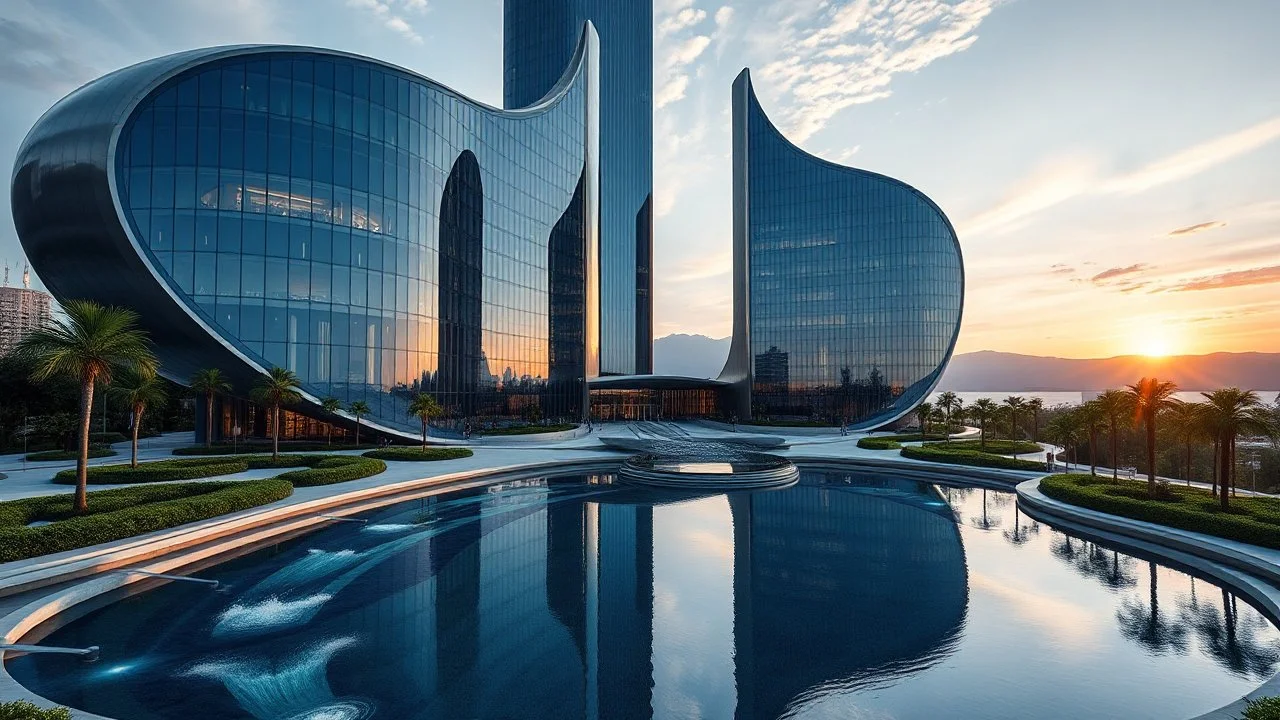 A futuristic skyscraper designed with sweeping hyperbolic curves, where the entire façade is made of reflective glass. The building rises gracefully toward the sky, with its symmetrical hyperbolic arc creating a sense of balance and elegance. Surrounding the structure are lush gardens and flowing water features that mirror the curves of the building. There are mountains in the distance. Beautiful lighting at sunrise. Award-winning photograph.