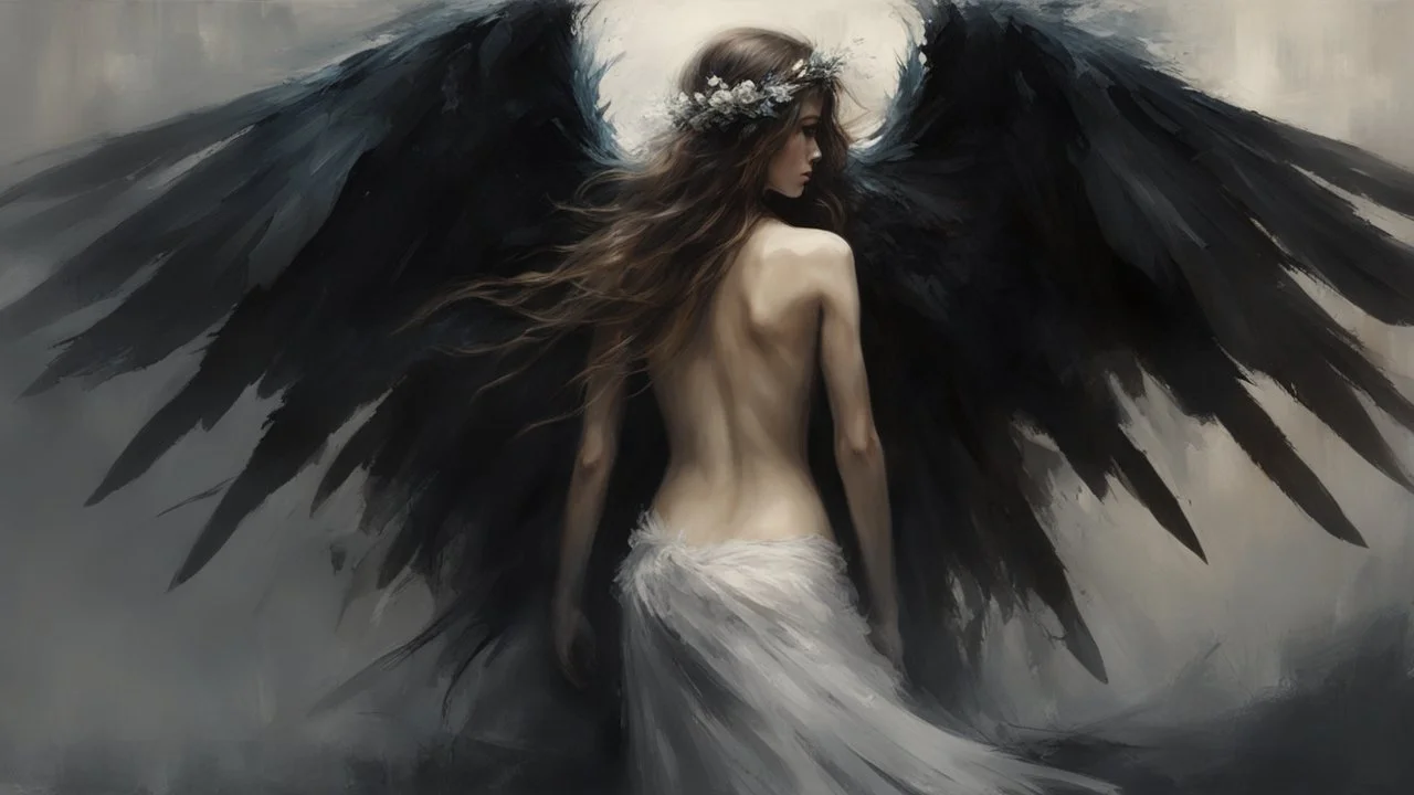 Dark and ethereal, the angel's black wings spread. Each wing carried with it an ancient story, a deep secret that hid in the shadows. cinematic detailed mysterious sharp focus high contrast dramatic volumetric lighting, :: mysterious and dark esoteric atmosphere :: digital matte painting by Jeremy Mann + Carne Griffiths + Leonid Afremov,, dramatic shading, detailed face