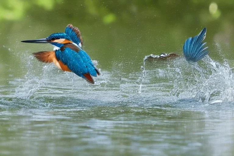 A beautiful kingfisher diving into the water. Highly detailed, smooth colours, realistic landscape