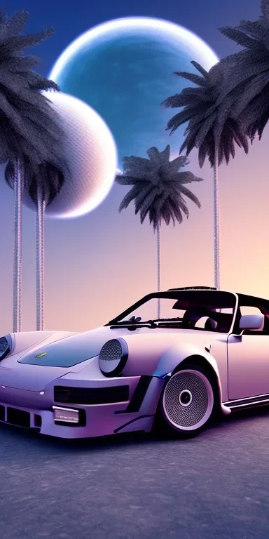 1980's aesthetic vaporwave palm trees and spheres and Porsche with lightning