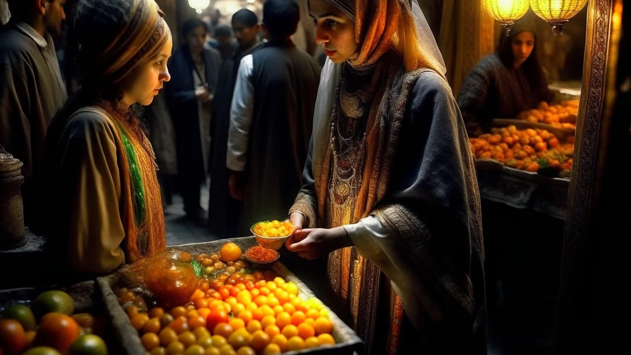 A full-length Palestinian girl wearing an embroidered dress and a white embroidered shawl buys oranges from an old seller wearing a keffiyeh in the market of Jerusalem, 100 years ago, at night with multi-colored lights reflecting on her.