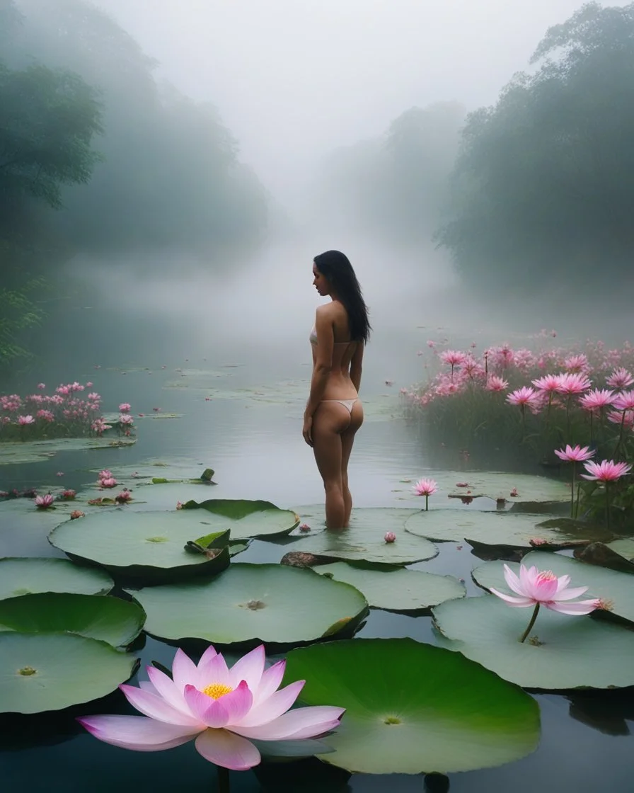 🐊 🌸🌺 landscape a wonderful lotus flowers on river beauty early morning heavy fog cold,a beautiful woman rise up swim on end up on river,high sharpens photography HD,photography realistic colors sharpens