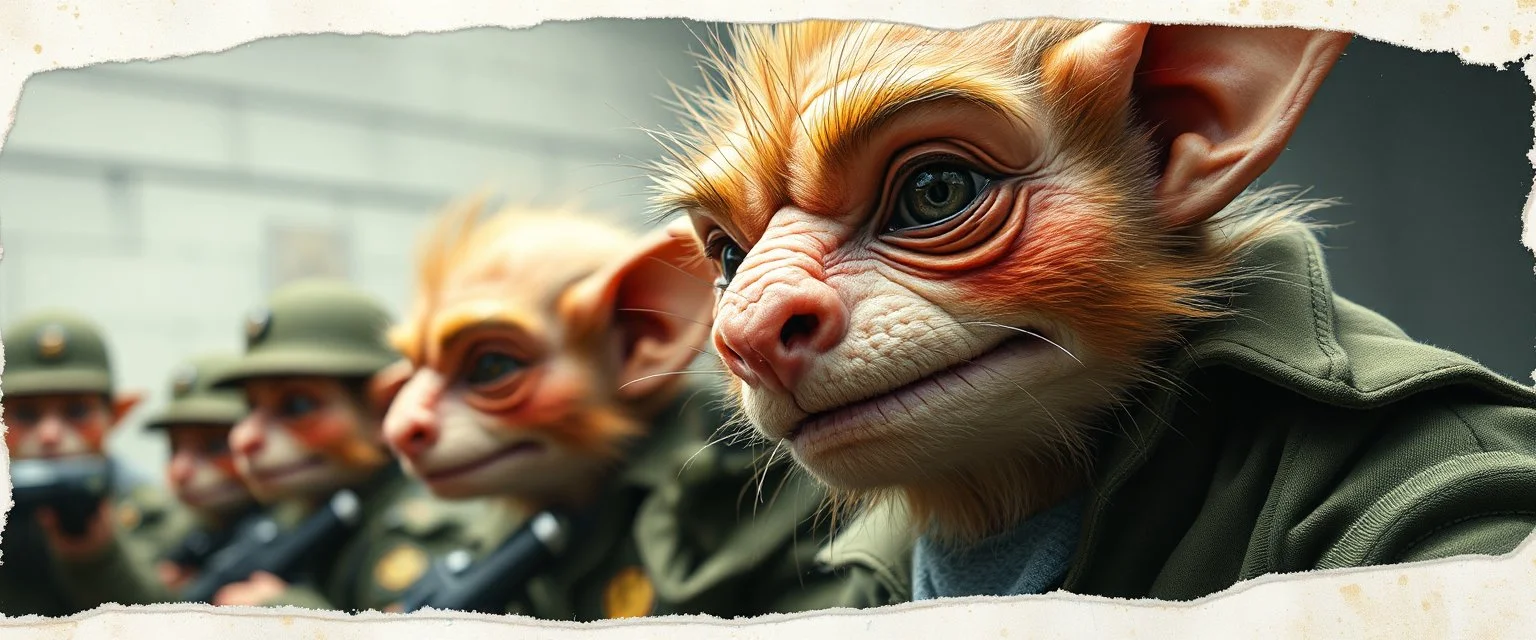 airbrush and pen outline, french art , extreme close up on cheeky fluffy weasel hairy goblin military prison guard troupe news anchor elf family scumbag , pinhole cam, airbrush 3d rendering, in the style of Titian and Rembrandt , torn edges on border