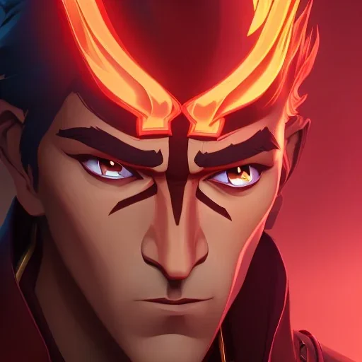 An image of an adult king, dark hair, red armor, surrounded by flames