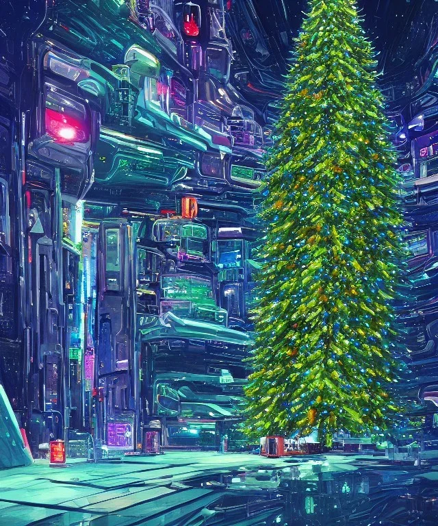 Painting of Christmas tree inside futuristic cyberpunk space ship