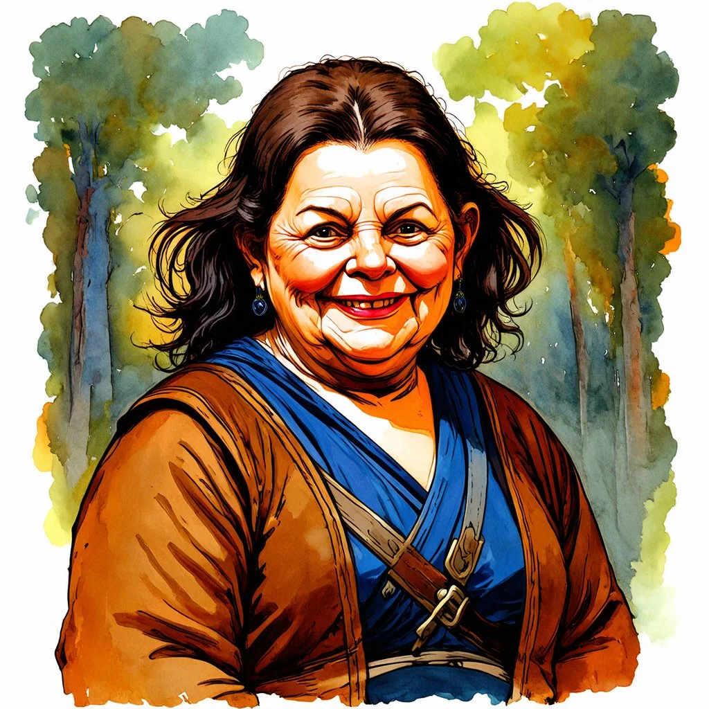 dnd, fantasy, watercolour, portrait, illustration, halfling, female, laborous, opportunistic, hearthy, sly, authoritative, smiling, wide face, portly, burly