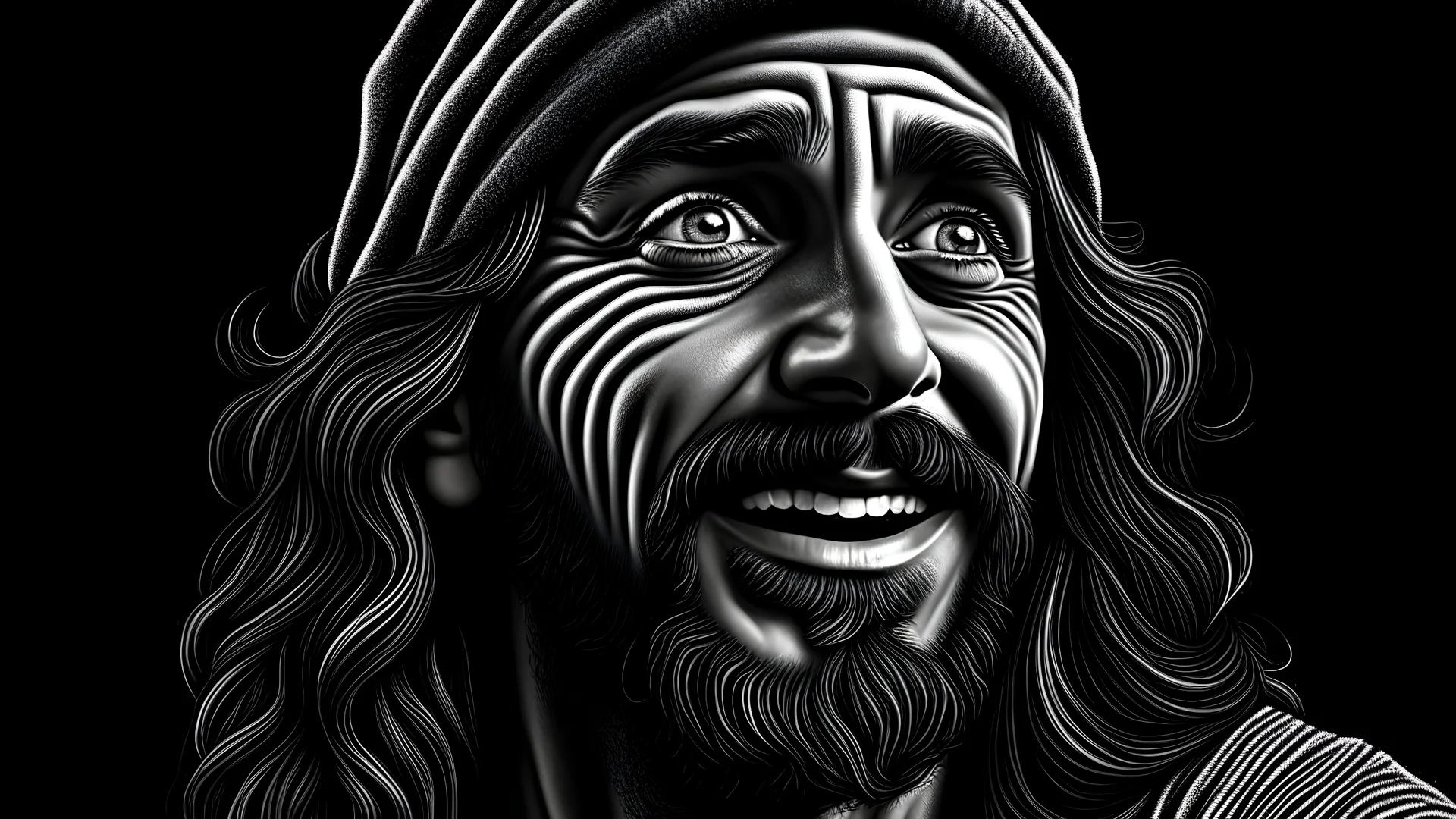 goofy Jesus , 4k, sharp edges ,Chiaroscuro, hyper realism, realistic, highly detailed, high contrast black and white, sharp