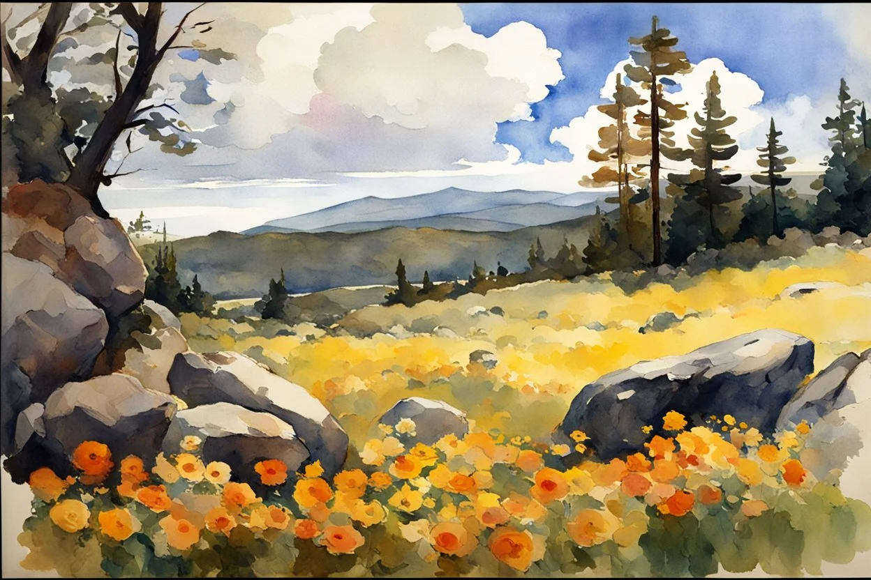 Sunny day, clouds, flowers, rocks, trees, distant mountains, spring, sci-fi, fantasy, winslow homer watercolor paintings