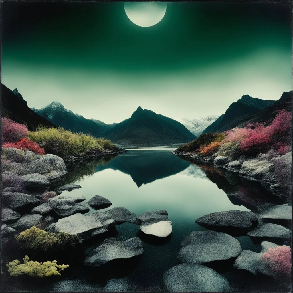 Sublime foto close-up polaroid ad alta definizione di una montagna rocciosa, un lago, surreale, colors, cityscape scifi, collage art, dadaism, sublime, splimapys nero, cielo nero, acqua nera riflette un sole nero, macabre piante circondano il lago, alghe, hypermaximalist, Max Ernst style, strangeness, intricate, hypnotic, obsessive, Yves Tanguy, 8k, deep 3d field, very accentuated details of the rocks and sht frn, eerie, artistic photo, shot on Hasselblad, large format film, medium format film