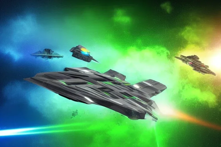 spaceship battle, spaceships, explosions, lasers, green lasers, explosions, painting