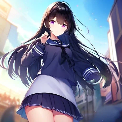 Clear focus, High resolution, Long fluffy black hair, Purple eyes, Wearing a sailor uniform, must be wearing a short skirt