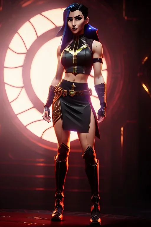 j.scott campbell, serena from mortal kombat, full head to toe portrait, lathe build, light pale skin, wearing black and red mini skirt, thigh high boots and crop top, big eyes, eyes are both in proportion, 3/4 look, long black hair with red streak, small up turned nose, large breasts, small waist, round butt, standing, dark cobblestone alley, one halo white light behind head, non photorealistic rendering