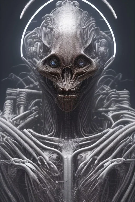 evil predator, alien, brutal face, tron, head, bitcoin eyes, 8k, finely detailed, dark light, photo realistic, hr giger, cyberpunk