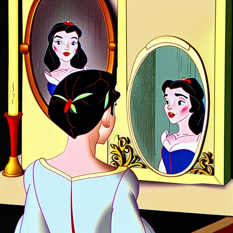 Snow White's stepmother stands in front of the mirror and asks a mirror, a mirror on the wall, who is the most beautiful of them all? From the mirror she sees a picture of an ugly and disgusting witch