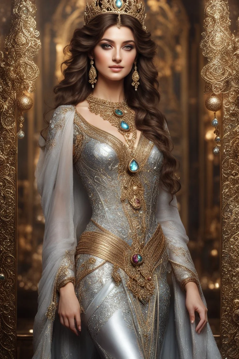 Fullbody excellent pose gorgeous photography art,cinematic realistic colors,soft blur ,natural beauty, of young woman, smiling, beautiful, shiny grey eyes, make up,Queen Persian style, shiny baubles, ornate, large gemstones, shiny molten metalics, shiny wire filigree, brown hair, high definition,photography art