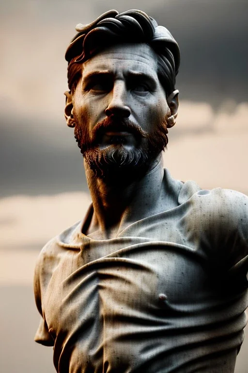 Ultra Realistic image, classical renaissance sculpture, marble material, Lionel Messi, emperor style, chisel style, waist up portrait, epic, celestial, cinematic lighting, God light, god rays, 4k resolution, smooth details, ornate details, soft lighting, unreal engine 5, sky background.