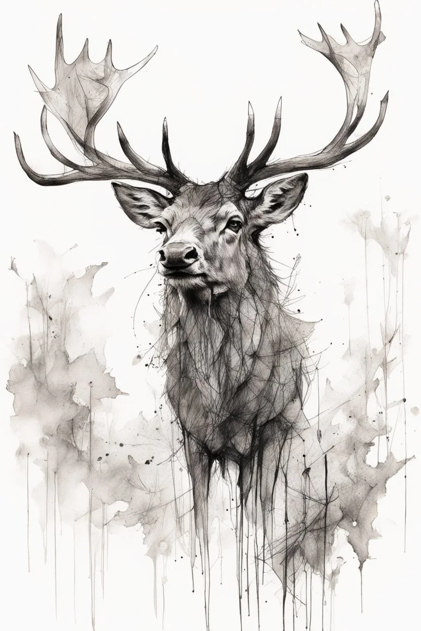 black and white sketch of a stag, ink drawing, woodland, white background, drawing by Carne Griffiths