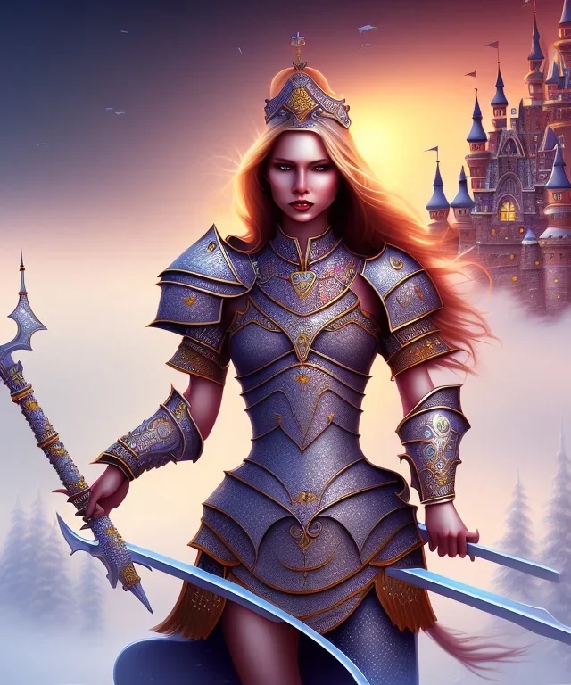 happiness world, castle background, warrior princess in front