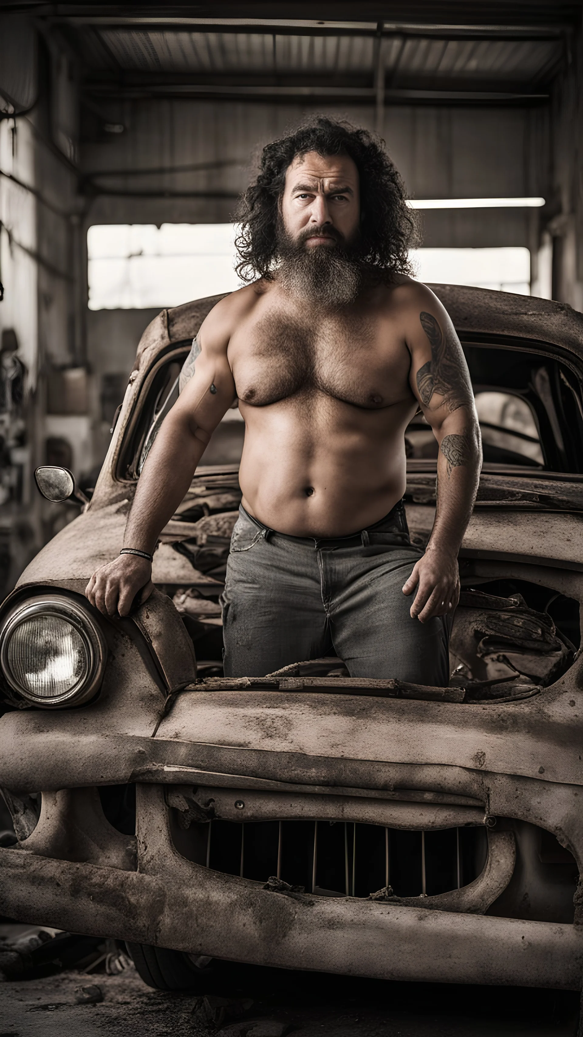 photography of a dirty burly chubby gipsy manly man serious repairing a car, , 41 years old, beefy, ugly , dirty curly hair, sweat, tattoo, with completely broken cotton pants, bulge, beard , angry eyes, bare-chested, huge belly, in industrial area, photorealistic, side light, view angle from low , ambient occlusion