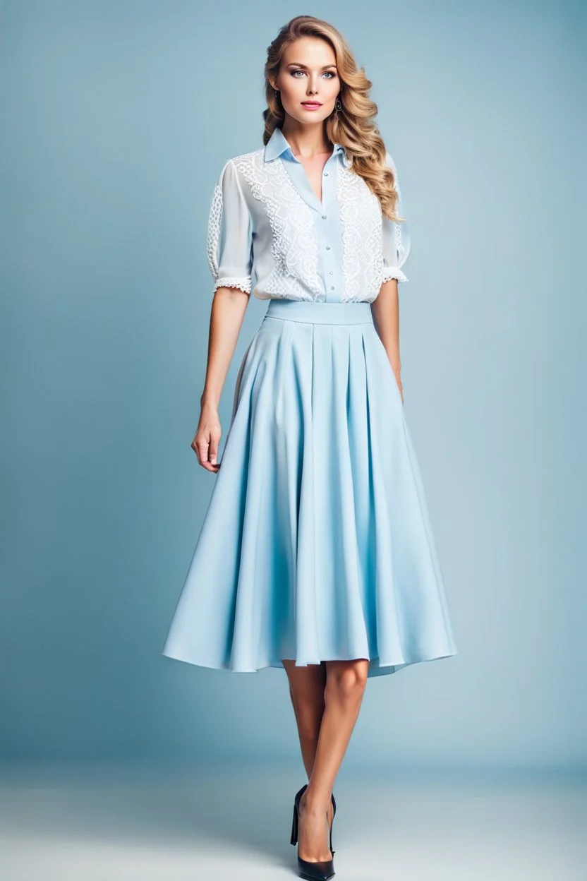 full body of very beautiful lady midi light blue skirt and bluse , Braided hair ,standing idle happy pose in studio pretty makeup