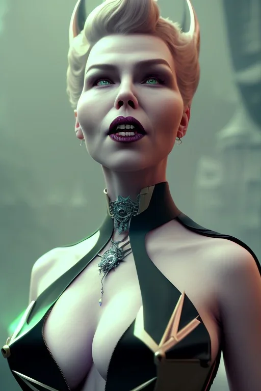 Hannah Waddingham as evil queen in black leather gown, busty, cleavage, voluptous, rebecca Welton, angry, stern look. character design by cory loftis, fenghua zhong, ryohei hase, ismail inceoglu and ruan jia. unreal engine 5, artistic lighting, highly detailed, photorealistic, fantasy