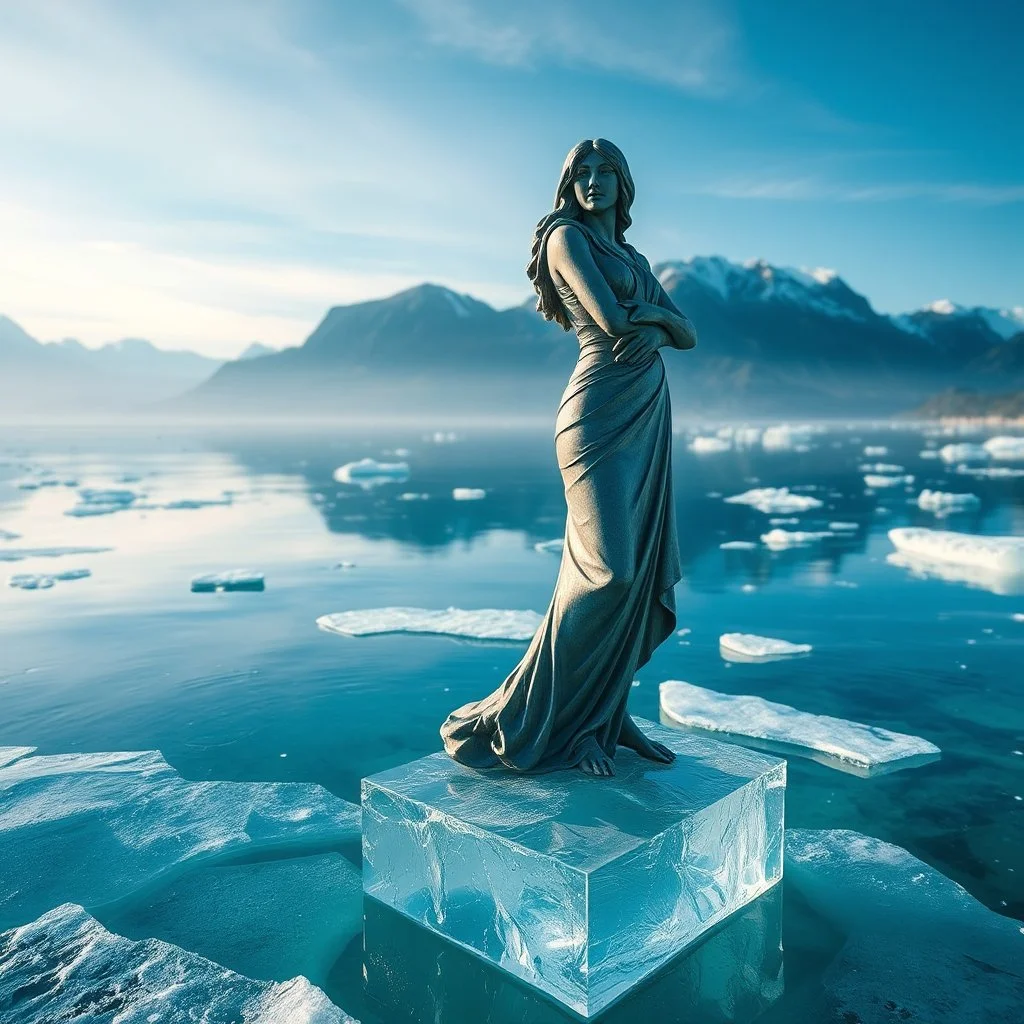 in a frozen sea with pretty mountains a full lady statue in artist pose standing over a ice block looking at camera, of clear glass like ice that going to melt and water drops fall from all body.