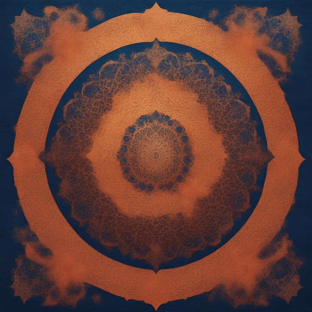 Hyper Realistic Sufi Whirling with golden & Maroon painted cloth Islamic Sufi Rustic Grungy orange Islamic pattern & navy-blue fog