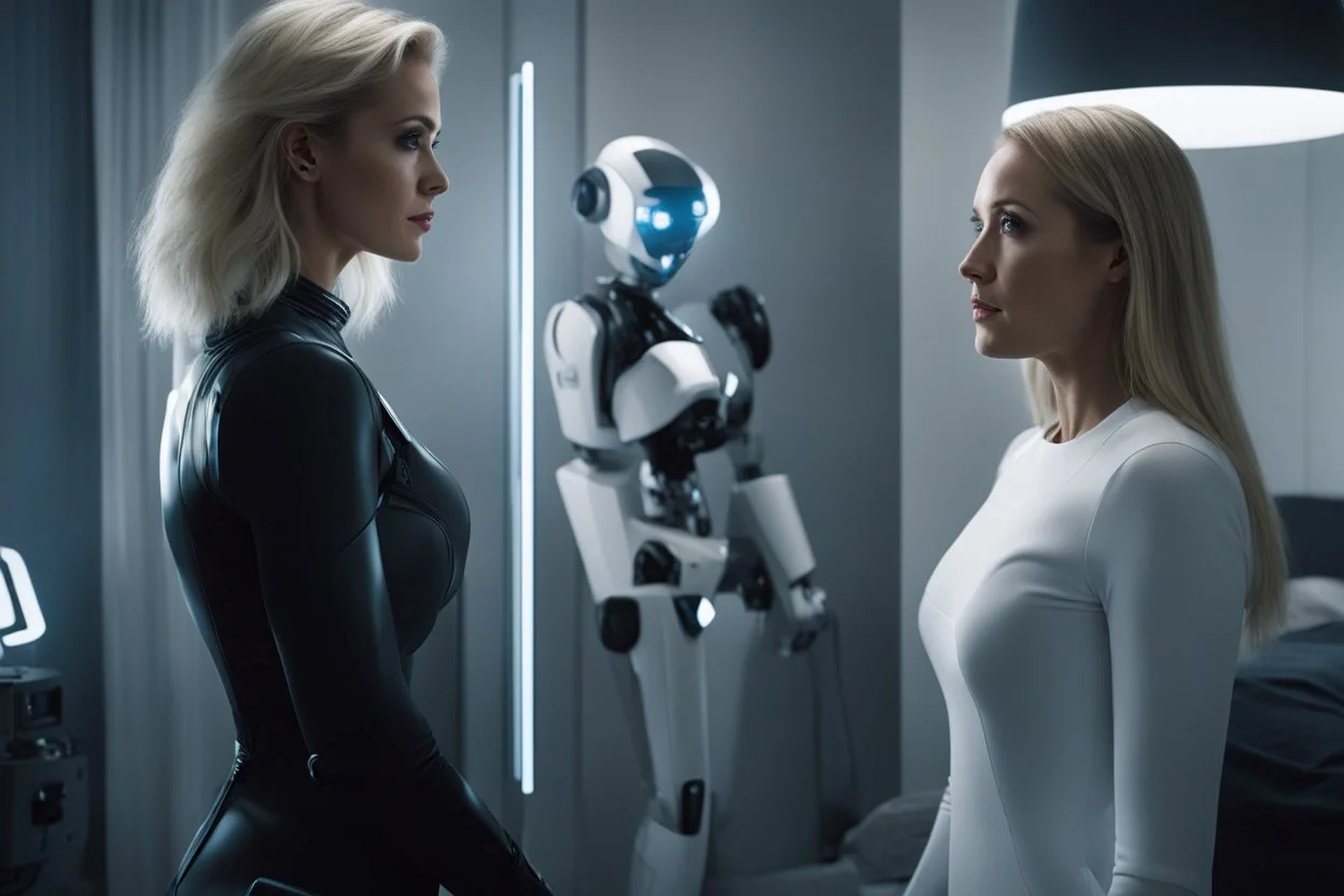 [replicant] a blonde 40yo woman stands before a sleek, humanoid robot in her bedroom. She gazes at the soft and warm machine with a mixture of curiosity and longing, her heart pounding in anticipation of what is to come.With a hesitant but determined step, she reaches out and touches the robot's cold, smooth surface.