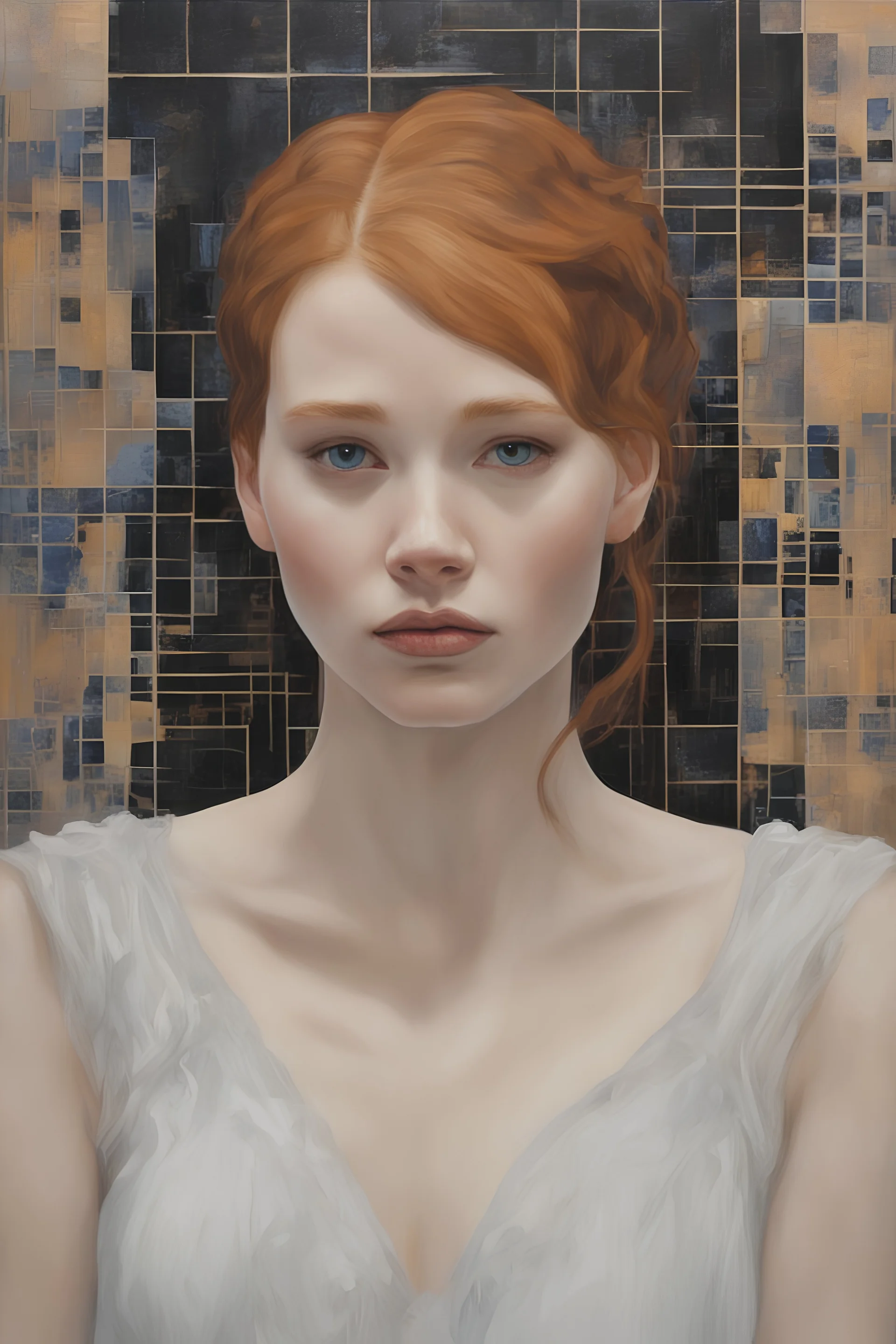 Ginger hair Alexandra "Sasha" Aleksejevna Luss and Jennifer Lawrence psychology erect oil paiting In depth psychology display Gustav Klimt style, dream, symptom, image in the background in the city artgerm display Gustav Klimt style artgerm display in the New York City.