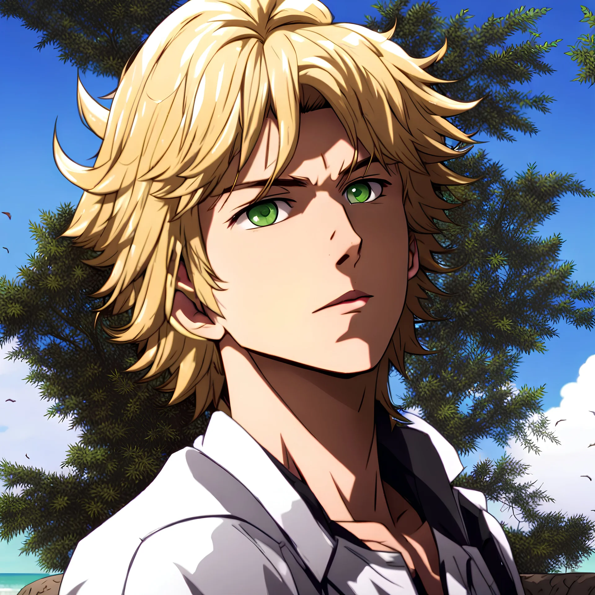 The handsome and perfect portrait is on Spruce Street, anime, blonde-haired and green-eyed male character on the beach for the magazine, 8K resolution, high quality, ultra graphics, and detailed with lines.