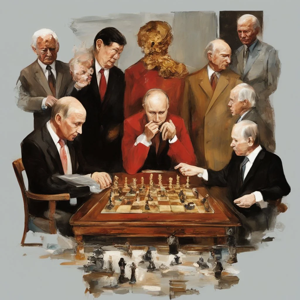 Putin, President Xi Of China And Joe Biden Play Chess With Atomic Bomb Mushroom Cloud,Complex Surgical Instruments Intermixed With A Newborn Boy,Minimalism,Painting By Adrian Ghenie,Rene Magritte,Pablo Picasso,Michelangelo,Salvador Dali,Lucian Freud