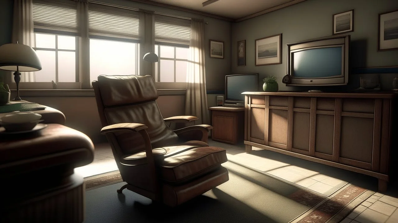 Photorealistic wide shot of an old woman's living room. Tidy and sparsely furnished with a well-loved comfy leather recliner, sidetable and older tv. The recliner, at the long end of the room sits to one side and faces the tv. A small stool on wheels sits beside the tv. There is an open window with open drapes. The drapes appear to be hand sewn and tidy. The room feels empty and is bright but slightly desaturated.