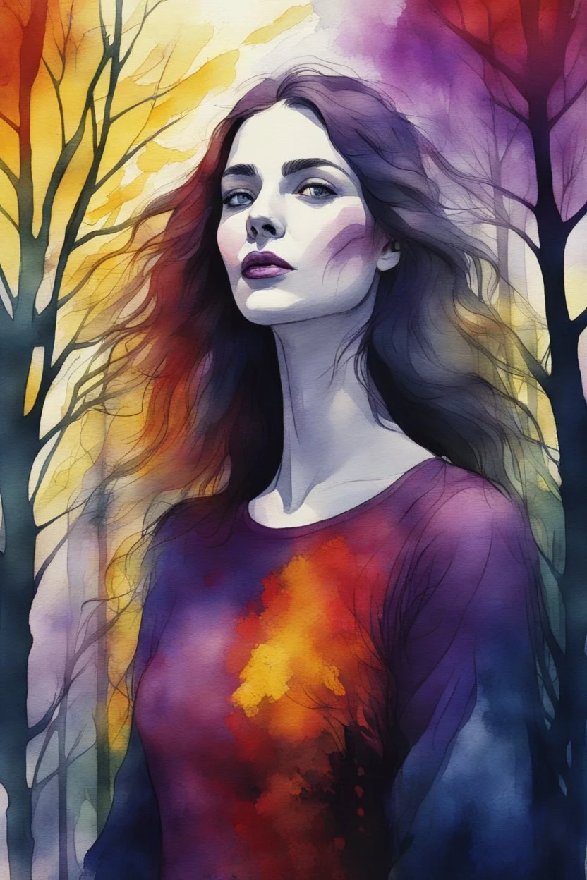 A beautiful young woman in dark red and purple and yellow trees and dark green and dark blue colors only, thin lines draw style , Busch painting style nightmare with sunshine in the middle, watercolors splash