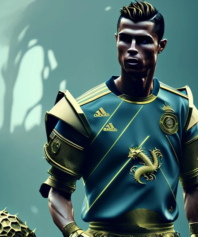 A badass Cristiano Ronaldo wearing a dragon skull armor, atmospheric, realistic, unreal engine, cinematic lighting, octane render.