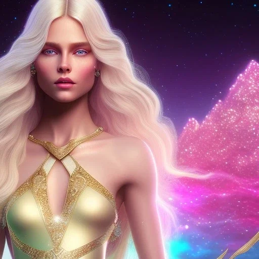  full body white goddess woman glitter smiling long blond hair blue eyes in a galactic ambiance, delicate colors in the foreground, full of details, smooth, light effect，vaporwave colorful, smooth, extremely sharp detail, finely tuned detail, ultra high definition, 8 k, ultra sharp focus