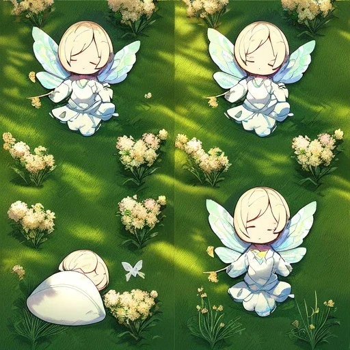 tiny anime girl sleeping in the distance, laying down in a field of flowers, underneath a willow tree, with a butterfly on her nose, hand detail looks human.zoom out. zoom out