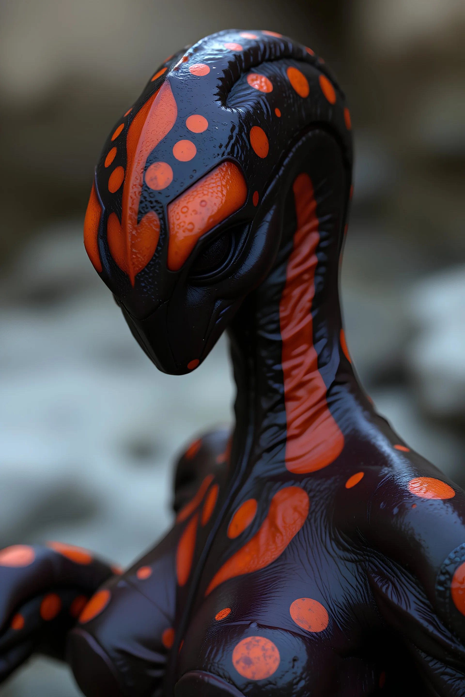A dark brown female symbiote with orange splotches