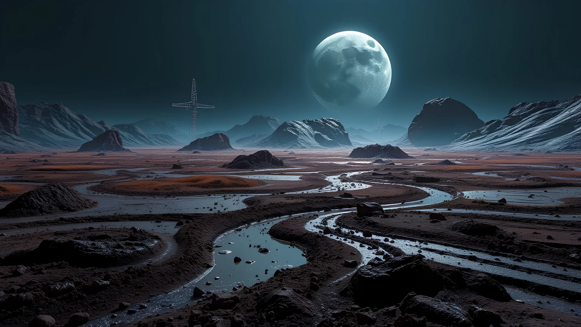 landscape covered in mud that looks futuristic with futuristic lighting, realistic rendering