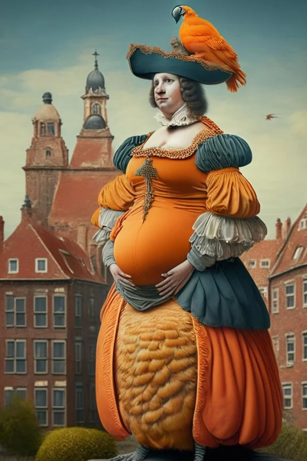 Pregnant Female Half parrot half human in a old 1700s orange Dutch uniform in front of a Dutch city