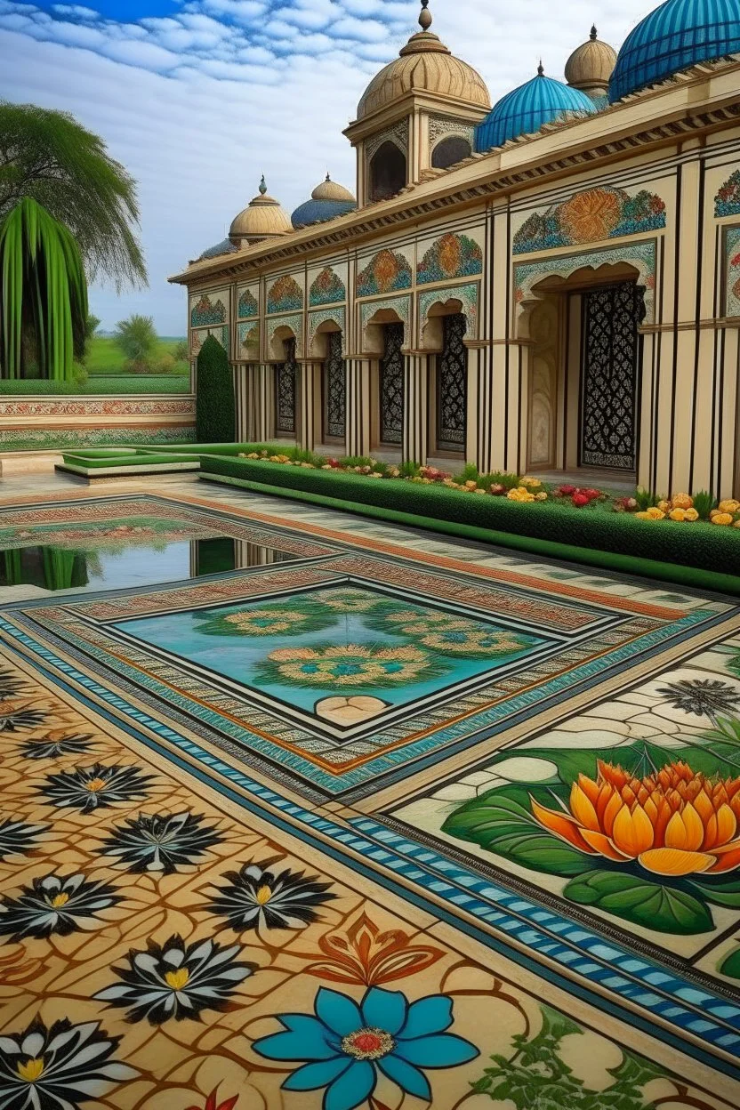 Channel the beauty of the Mughal Gardens with detailed hand-painted representations of traditional Indian flowers like lotus, marigold, and jasmine. Incorporate intricate geometric patterns and water features.