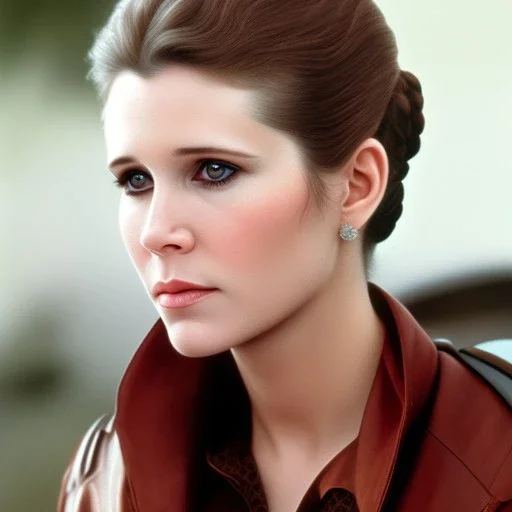 analog style, Beautiful photorealistic color close up face of carrie fisher, realistic soft pale skin, rim lighting, sharp eyes, dark plain background