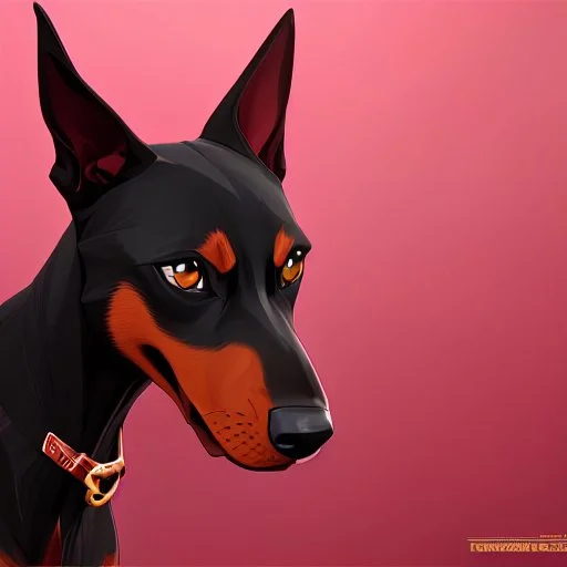 Perro Doberman color negro y rojo vino tinto arte anime de frente orejas puntiagudas levantadas fondo blanco retrato coherente