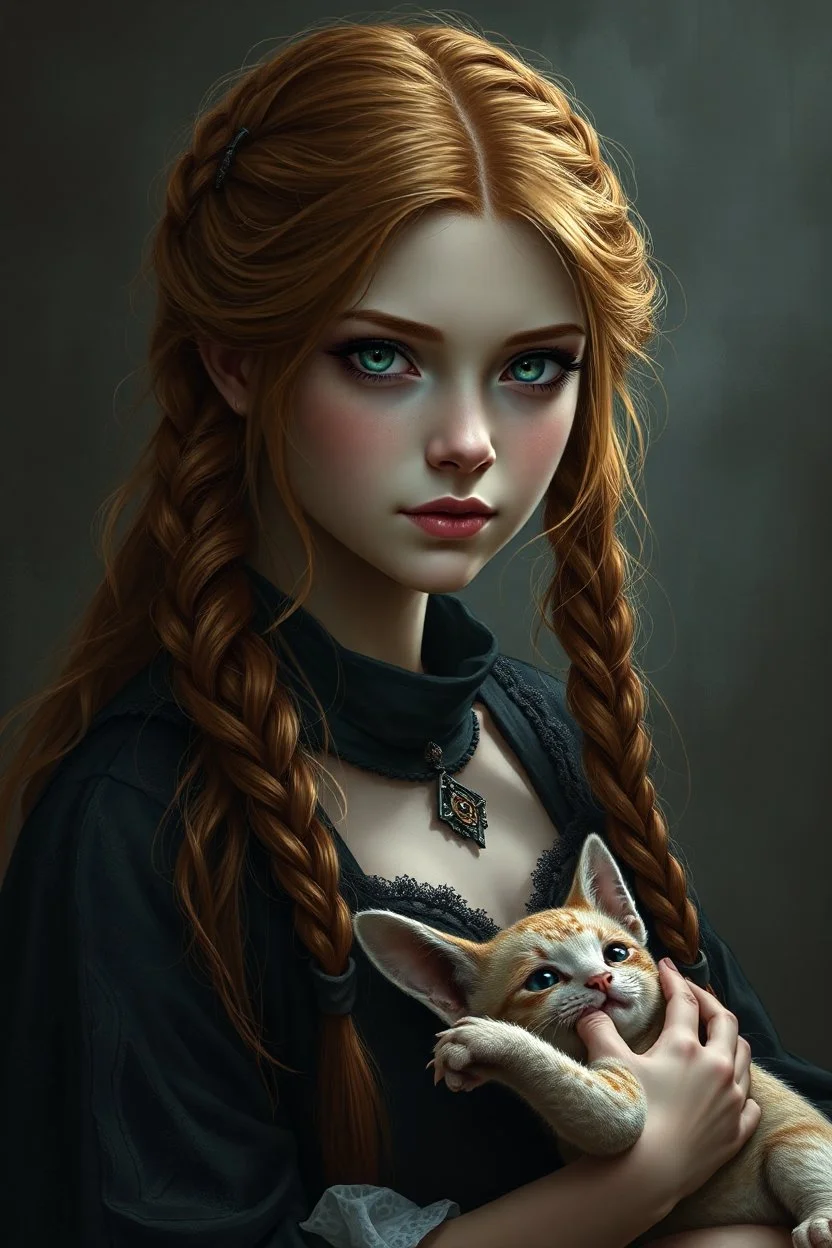 a pretty fantasy woman, young, braided ginger hair, maternal, dark fantasy art