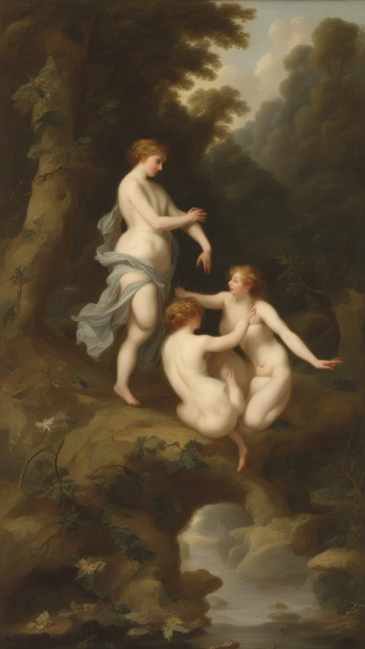 Nymphs Dancing in a stream, in a woodland clearing