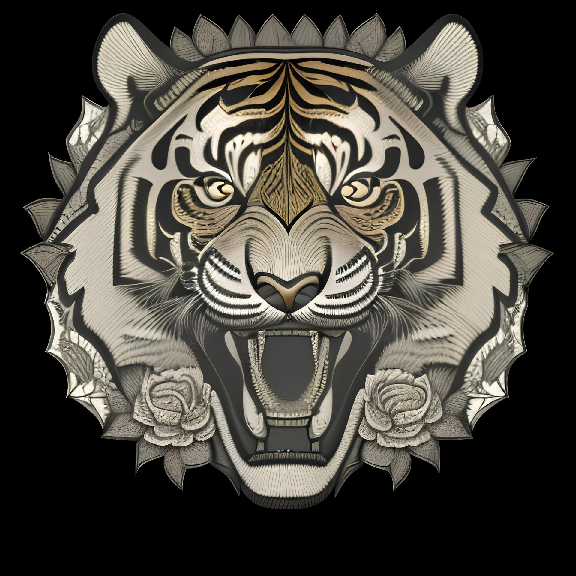 A captivating vintage-inspired vector illustration of a tiger's head, rendered in black and white with intricate shading. The tiger's mouth is open in a ferocious snarl, displaying its sharp teeth. Surrounding the tiger's head are delicate leaves and a single blooming flower. The overall design is set against a clean white background, making it a striking and bold statement for a t-shirt.