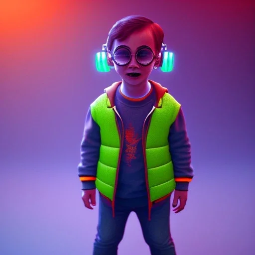 Harry Potter toddler, smile, cyberpunk headphone, sunglass, gangsta neckless, full body, orange puffer jacket, tokio background, dramatic lighting, hyper realistic, unreal engine 5, 16k